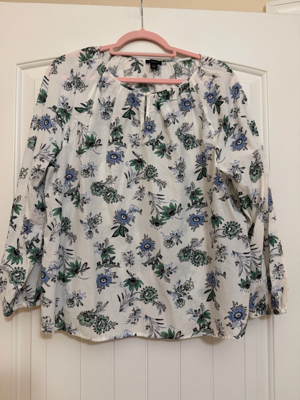 Ann Taylor Factory White Floral Peasant Blouse with Blue & Green Print